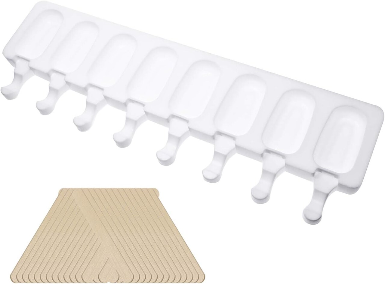 8- Cavities White Silicone Ice cream Bar Mold Reusable DIY Classic Shape Ice cream Makers with 50Pcs Wooden Sticks for Homemade Ice cream,1PCS